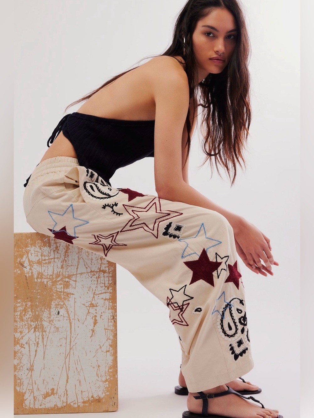 Free People Aria Embroidered Drawstring Pants, Size XS, Birch Color, Like New